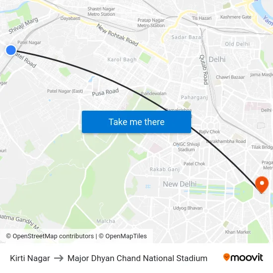 Kirti Nagar to Major Dhyan Chand National Stadium map