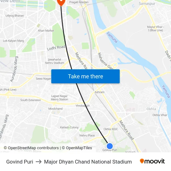 Govind Puri to Major Dhyan Chand National Stadium map