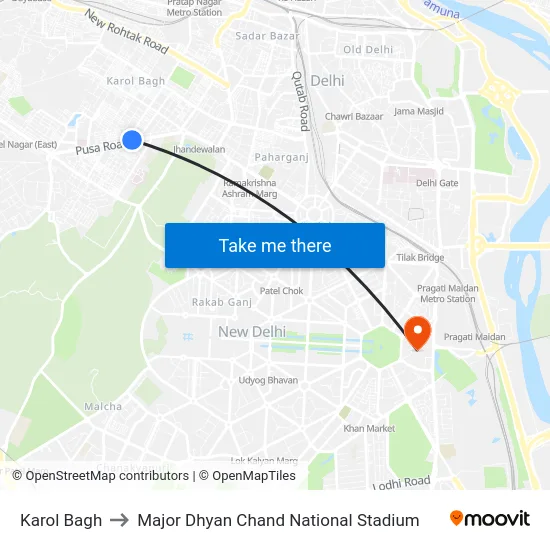 Karol Bagh to Major Dhyan Chand National Stadium map