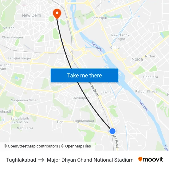Tughlakabad to Major Dhyan Chand National Stadium map