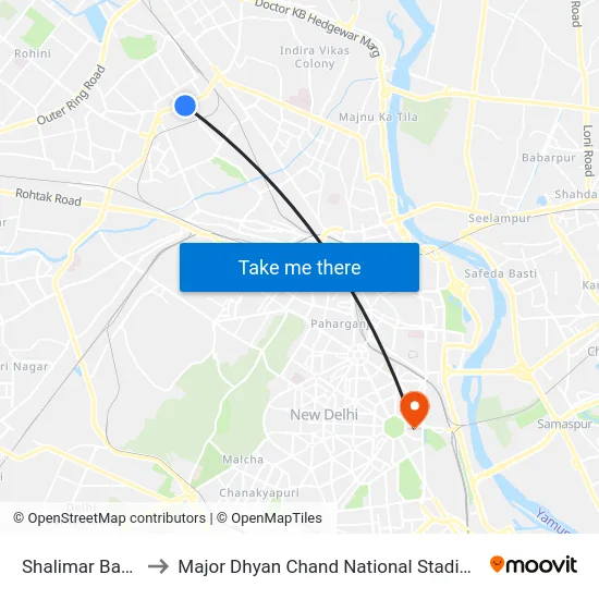 Shalimar Bagh to Major Dhyan Chand National Stadium map