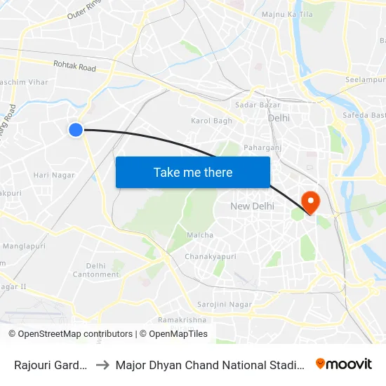Rajouri Garden to Major Dhyan Chand National Stadium map