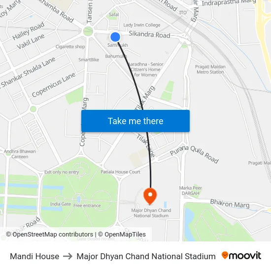 Mandi House to Major Dhyan Chand National Stadium map