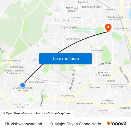 Sir Vishweshwaraiah Moti Bagh to Major Dhyan Chand National Stadium map