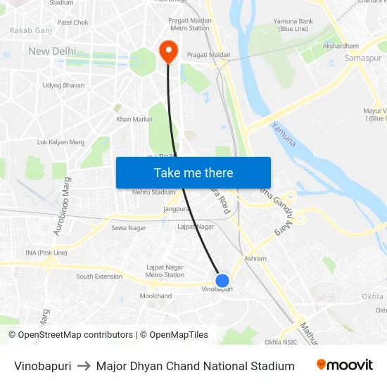 Vinobapuri to Major Dhyan Chand National Stadium map