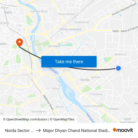 Noida Sector 52 to Major Dhyan Chand National Stadium map