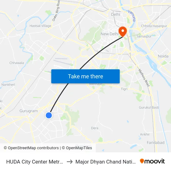 HUDA City Center Metro Station (B) to Major Dhyan Chand National Stadium map