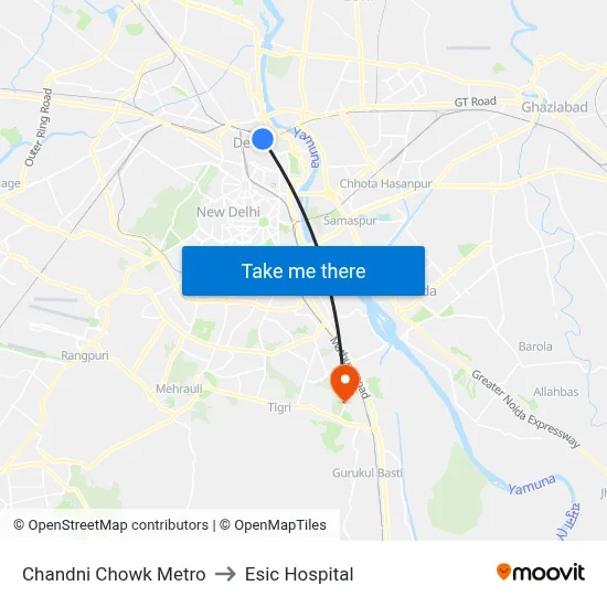 Chandni Chowk Metro to Esic Hospital map