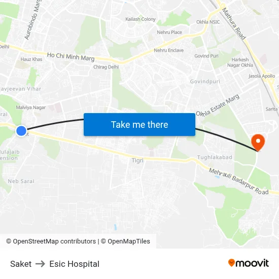 Saket to Esic Hospital map