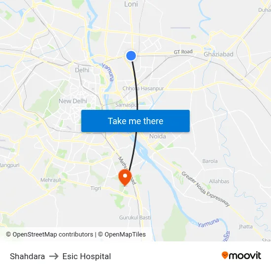Shahdara to Esic Hospital map