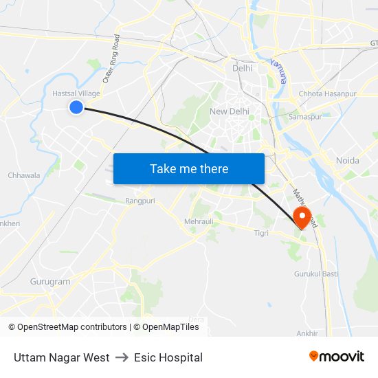 Uttam Nagar West to Esic Hospital map