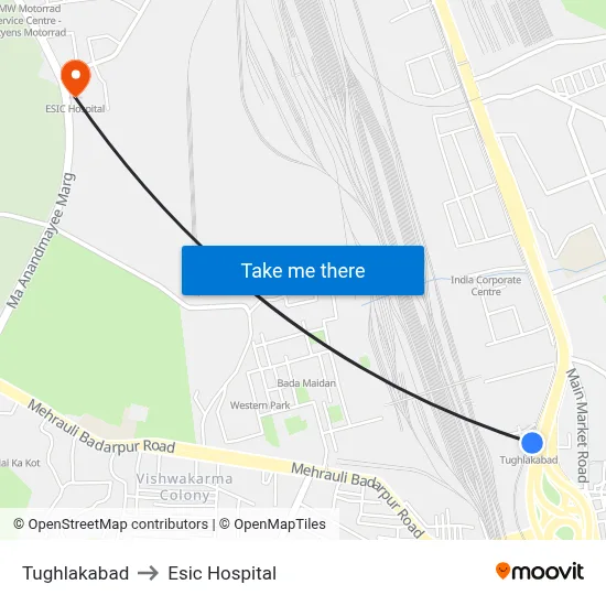 Tughlakabad to Esic Hospital map