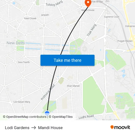 Lodi Gardens to Mandi House map