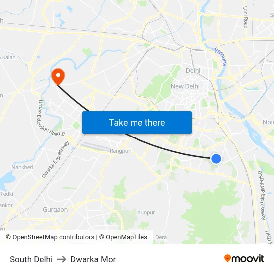 South Delhi to Dwarka Mor map