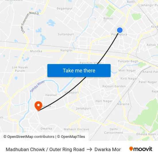 Madhuban Chowk / Outer Ring Road to Dwarka Mor map