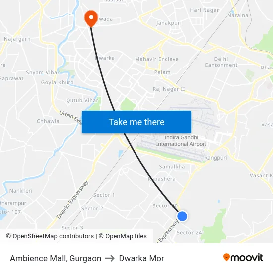 Ambience Mall, Gurgaon to Dwarka Mor map