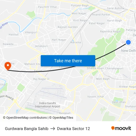 Gurdwara Bangla Sahib to Dwarka Sector 12 map