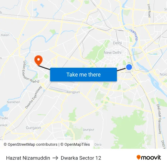 Hazrat Nizamuddin to Dwarka Sector 12 map