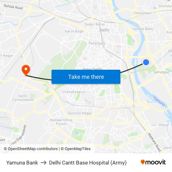 Yamuna Bank to Delhi Cantt Base Hospital (Army) map