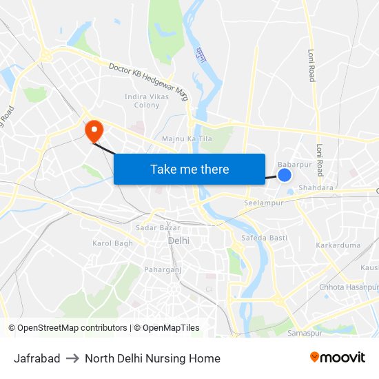 Jafrabad to North Delhi Nursing Home map