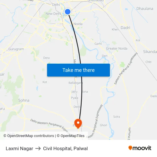 Laxmi Nagar to Civil Hospital, Palwal map