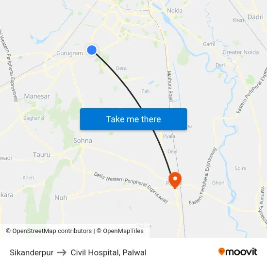 Sikanderpur to Civil Hospital, Palwal map