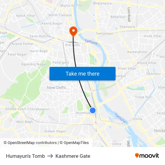 Humayun's Tomb to Kashmere Gate map