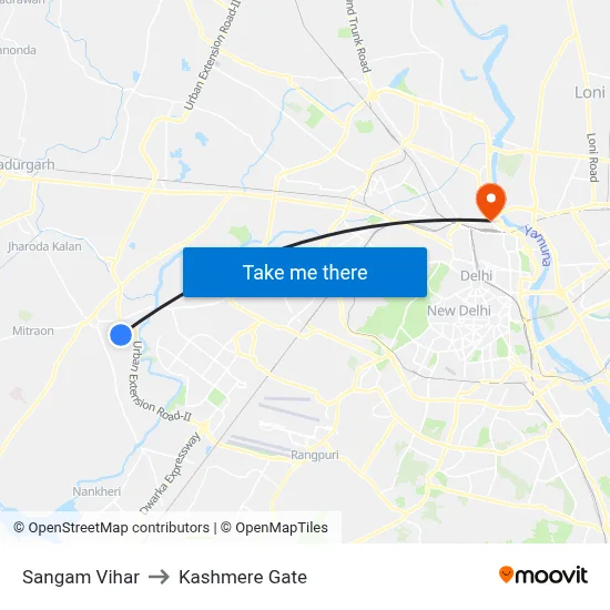 Sangam Vihar to Kashmere Gate map