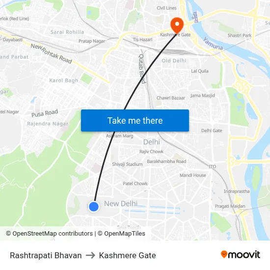 Rashtrapati Bhavan to Kashmere Gate map