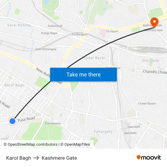 Karol Bagh to Kashmere Gate map