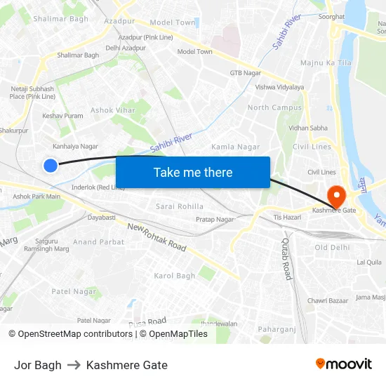 Jor Bagh to Kashmere Gate map