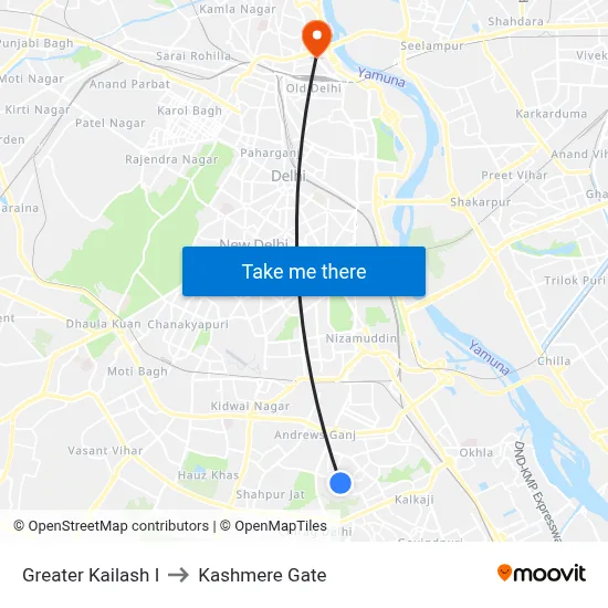 Greater Kailash I to Kashmere Gate map