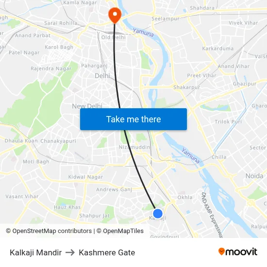 Kalkaji Mandir to Kashmere Gate map