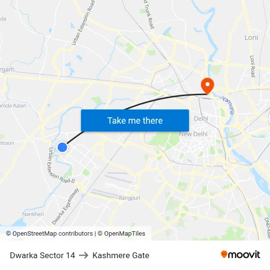 Dwarka Sector 14 to Kashmere Gate map