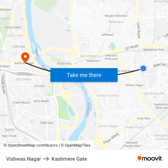 Vishwas Nagar to Kashmere Gate map