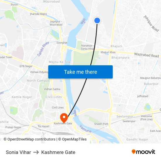 Sonia Vihar to Kashmere Gate map