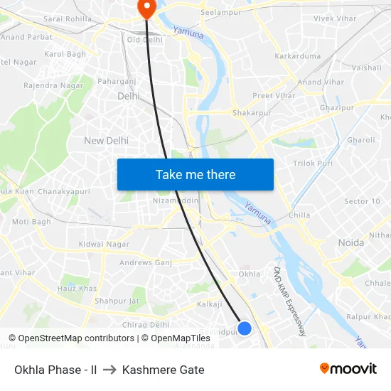 Okhla Ph - II to Kashmere Gate map