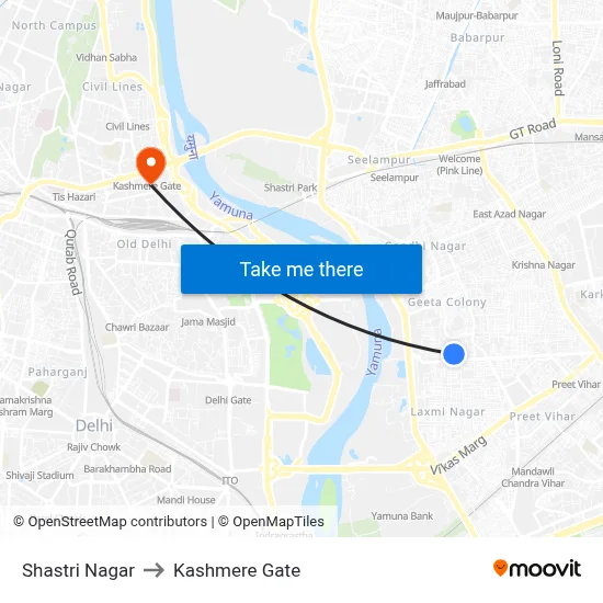 Shastri Nagar to Kashmere Gate map