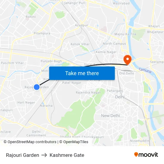 Rajouri Garden to Kashmere Gate map