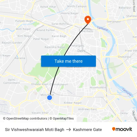Sir Vishweshwaraiah Moti Bagh to Kashmere Gate map