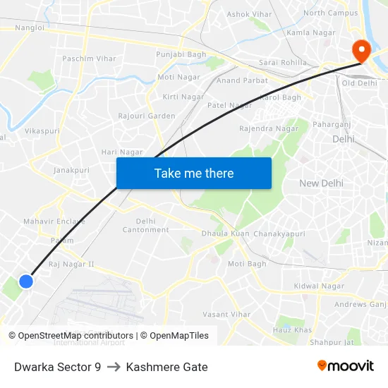 Dwarka Sector 9 to Kashmere Gate map