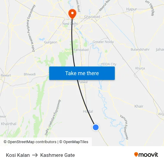 Kosi Kalan to Kashmere Gate map