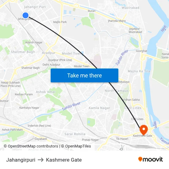 Jahangirpuri to Kashmere Gate map