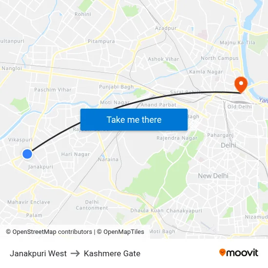 Janakpuri West to Kashmere Gate map