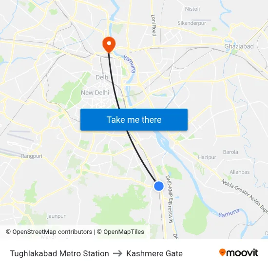 Tughlakabad Metro Station to Kashmere Gate map