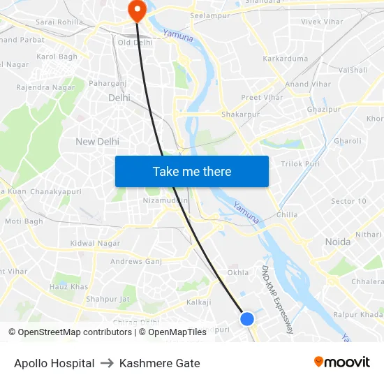 Apollo Hospital to Kashmere Gate map