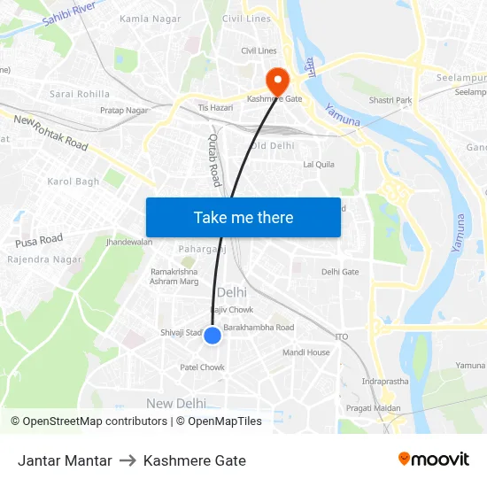 Jantar Mantar to Kashmere Gate map