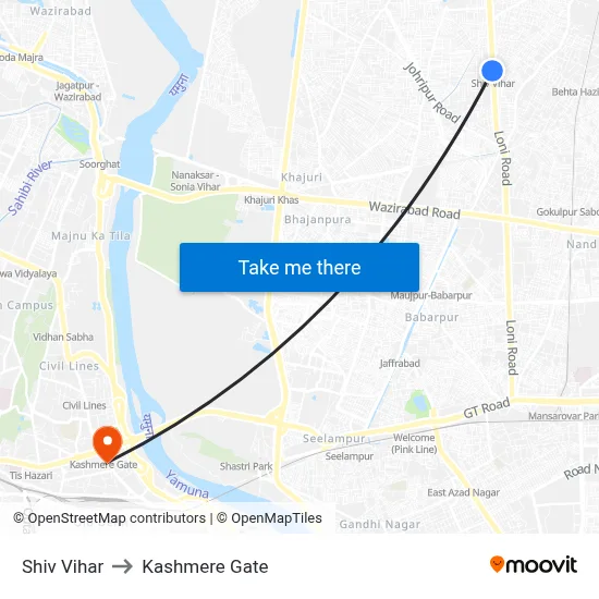 Shiv Vihar to Kashmere Gate map