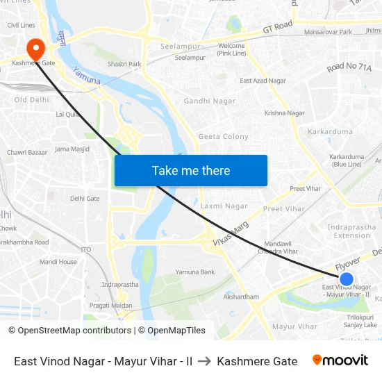 East Vinod Nagar - Mayur Vihar - II to Kashmere Gate map