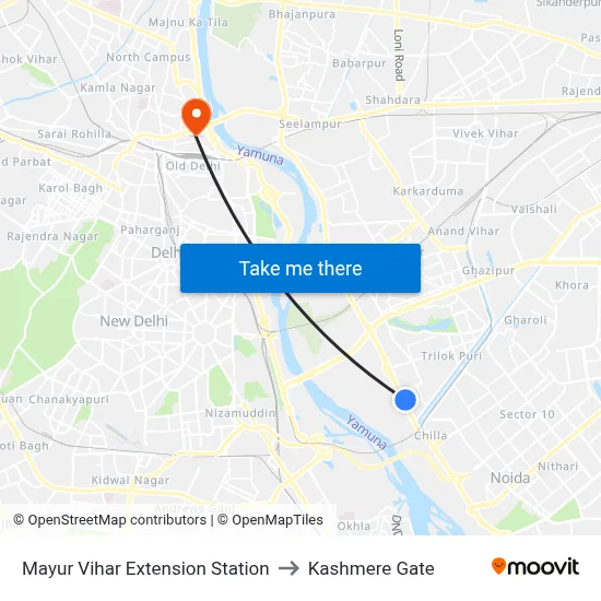 Mayur Vihar Extension Station to Kashmere Gate map